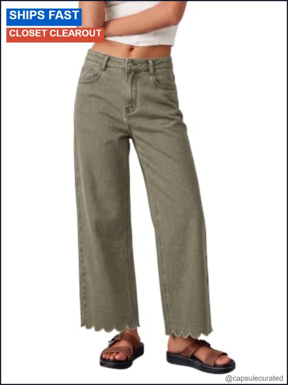 Womens Wide Leg High Waist Cropped Jeans Scalloped Hem Denim Pants